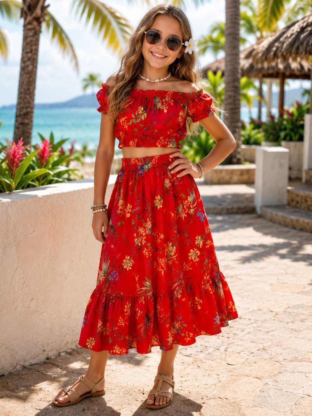 Beautees Girls Size 8 Red Tropical Floral Off Shoulder 2 Piece Skirt Set